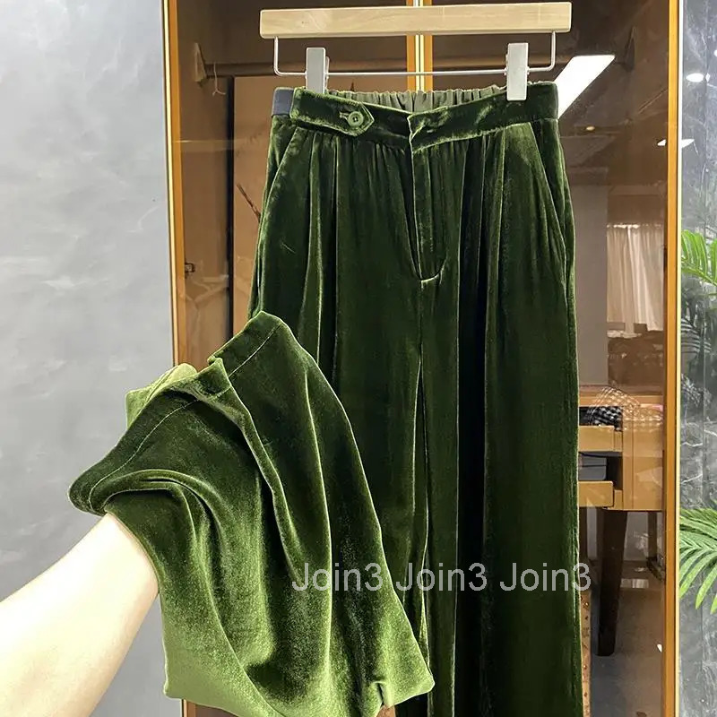 Korean Wide Leg Pants Women High Waist Slim Fit Straight Velvet Trousers Fashion Casual Vintage Pantalon Femme 2025 New Bottoms