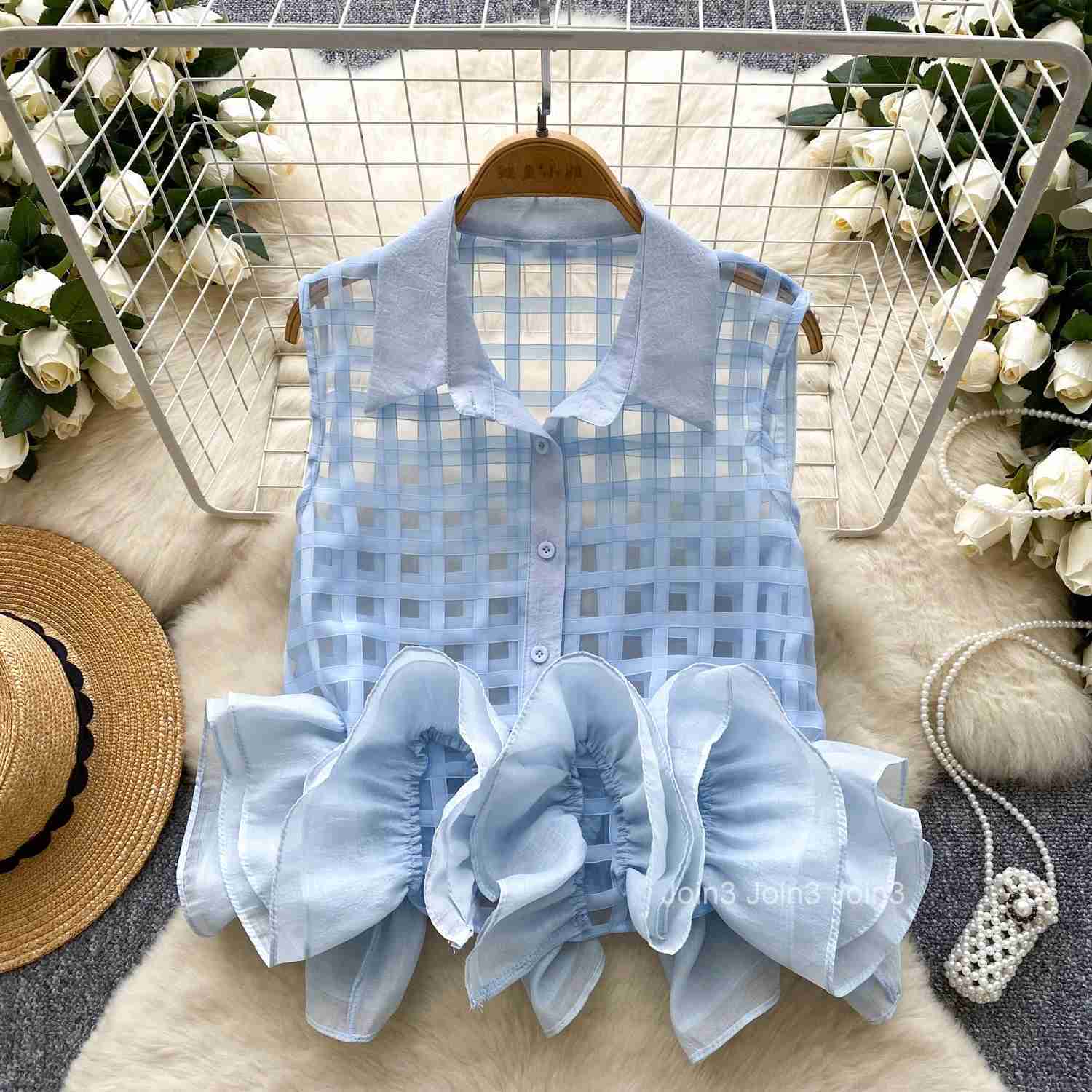 Sleeveless Ruffles Blouse Women Crop Tops 3D Floral Plaid See Through Shirt 2025 Blusas Mujer De Moda Chic Korean Summer Blouses