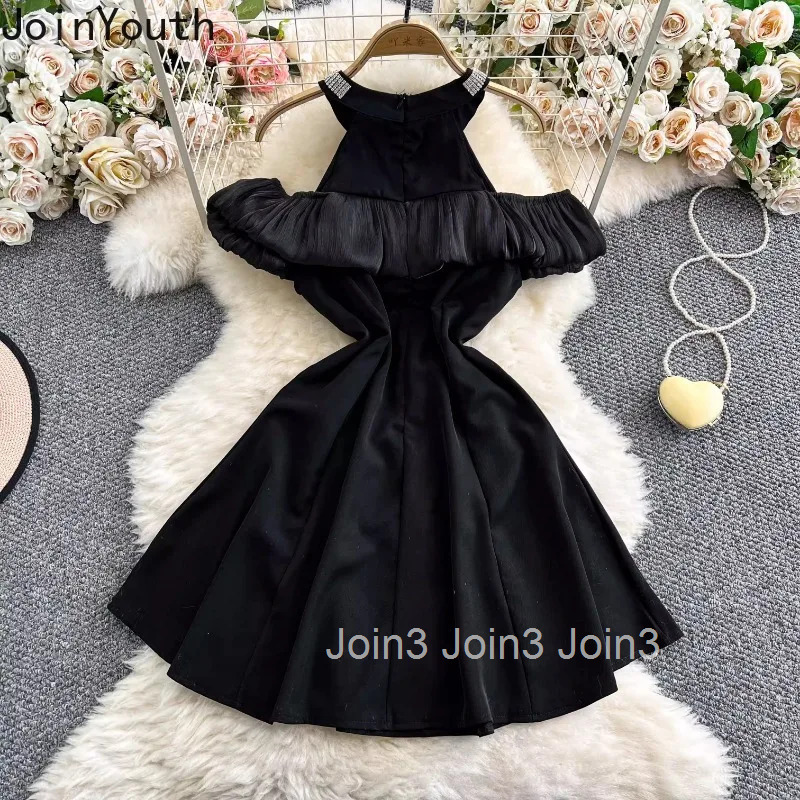 Temperament A-line Robe Femme Summer Dress for Women 2025 Vestidos De Mujer Off Shoulder Diamond O-neck Sleeveless Sexy Dresses