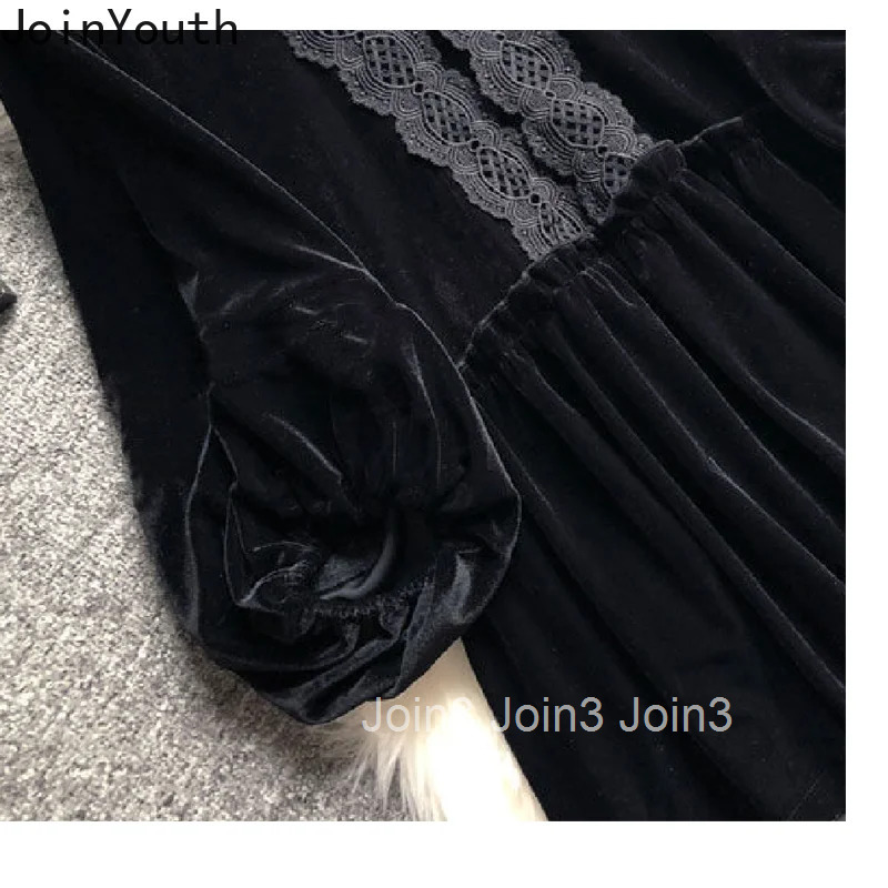 Velvet Blouses for Women Patchwork Lace Stand Neck Lantern Sleeve Black Shirts 2025 Camisas De Mujer Vintage Korean Tops Female