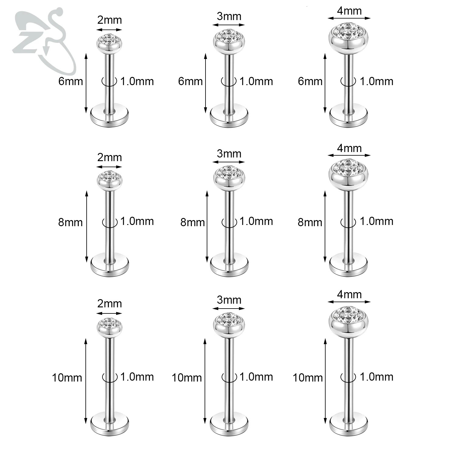 ZS 10 Pcs/lot Gold Color 16/18G Stainless Steel Labret Lip Piercing Men CZ Crystal Ear Cartilage Tragus Helix Piercings 6/8/10MM 250617