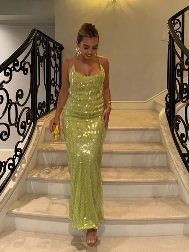 Sexy Women 2025 Summer Green Shiny Sequin Maxi Dresses Fashion U Neck Off Shoulder Backless Robe Lady Beach Vacation Party Gowns 250617