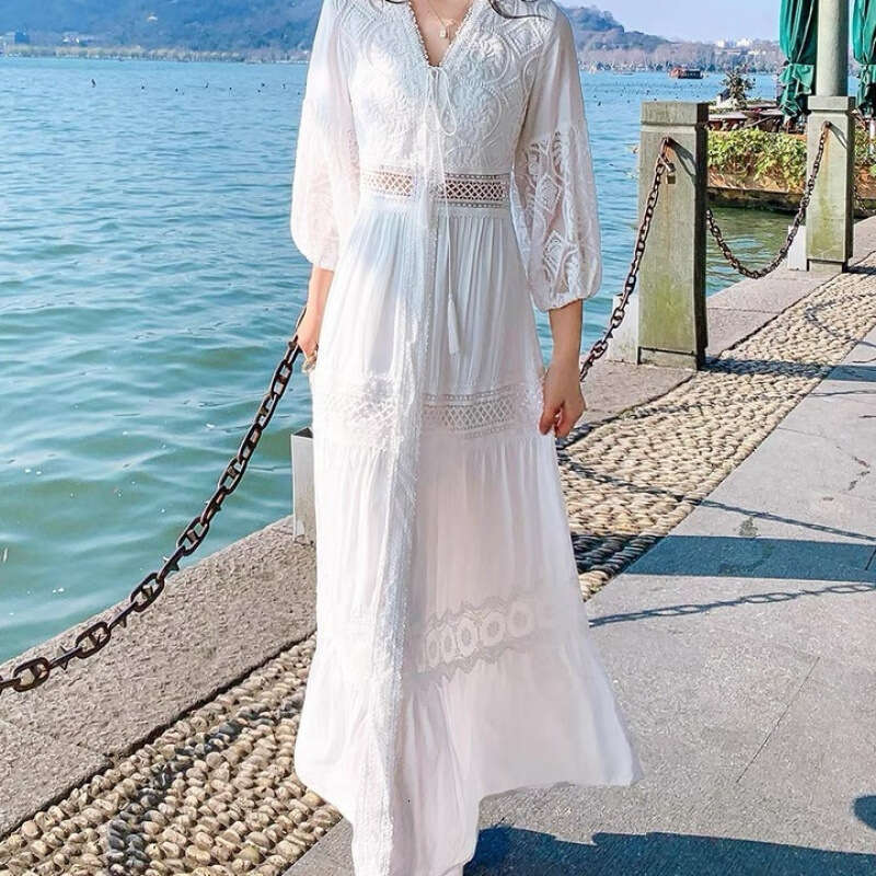 White Skirt Maxi Skirt Yunnan Style Fairy Spring Summer White Sweet French Puff Sleeve Over The Knee Long Beach Outing Dress Long Skirt