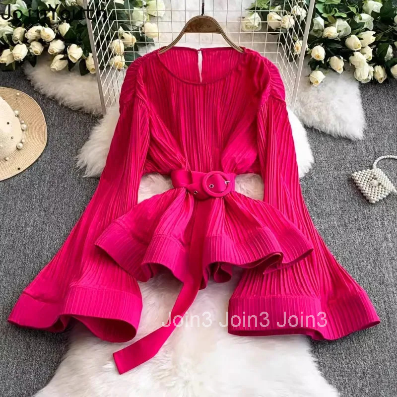Two Piece Sets Womens Outifits Korean Clothing O-neck Flare Sleeve Shirt High Waist A-line Skirt Suit Solid Color Pleated Set