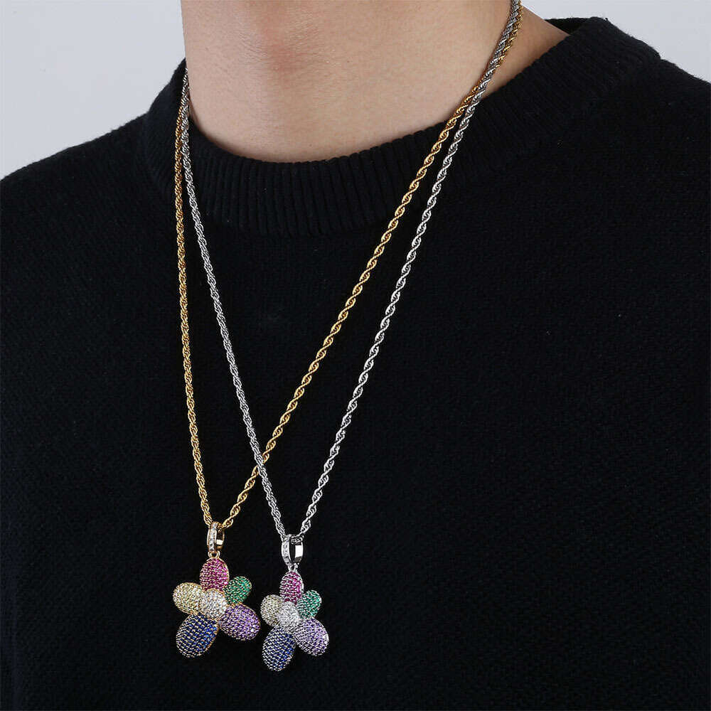 Jin Ao Hip-Hop Colorful Zircon Seven-Color Flower Pendant Necklace Unisex Rap Trendy Accessories