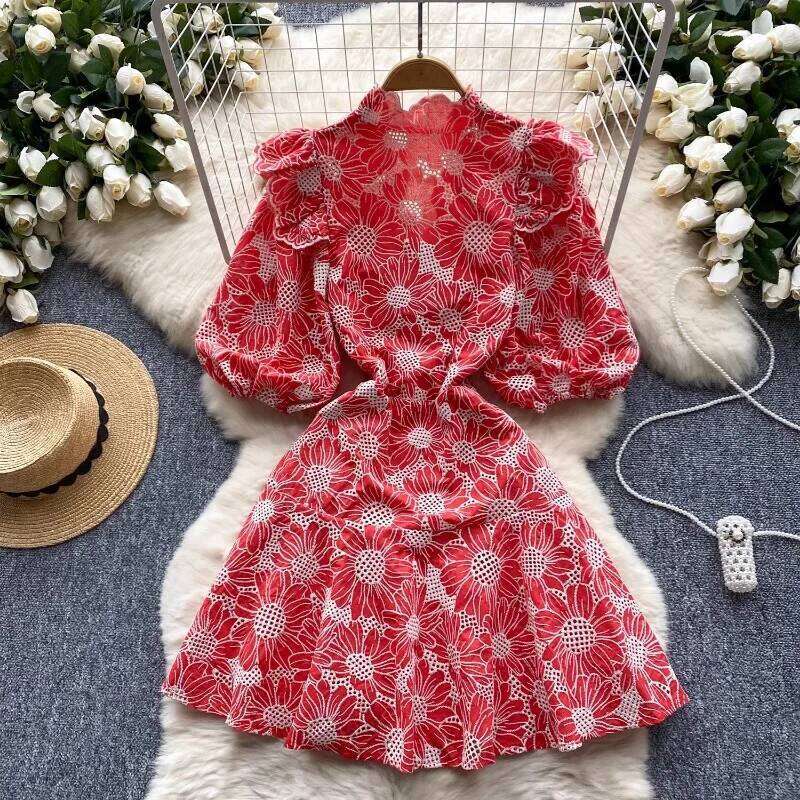 Retro V Neck Lantern Short Sleeves Embroidered Elegant Summer Slim Dresses A-Line French Vacation Print Women Clothing