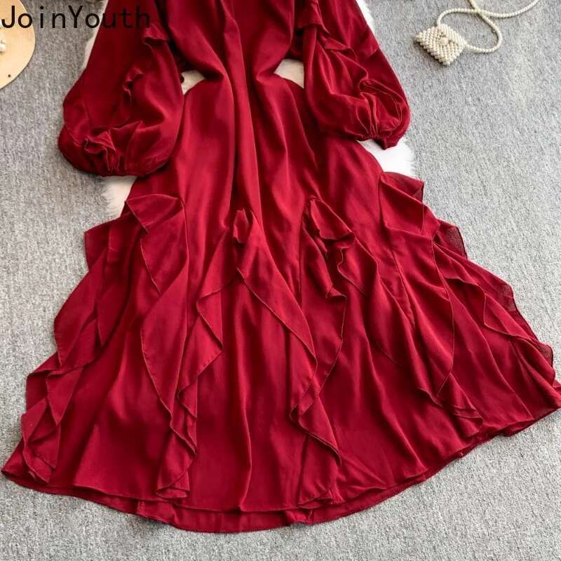 2025 Vestidos De Mujer Vintage Dress for Women Beading O-neck Lantern Sleeve Solid Color Robe Femme Ruffles Sweet Summer Dresses