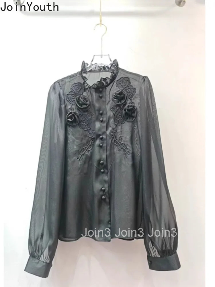 Korean Fashion Blouses Sets Two Piece Suit Stand Neck 3D Floral Long Sleeve See Through Shirt Sexy Vest Outfits Summer Clothing