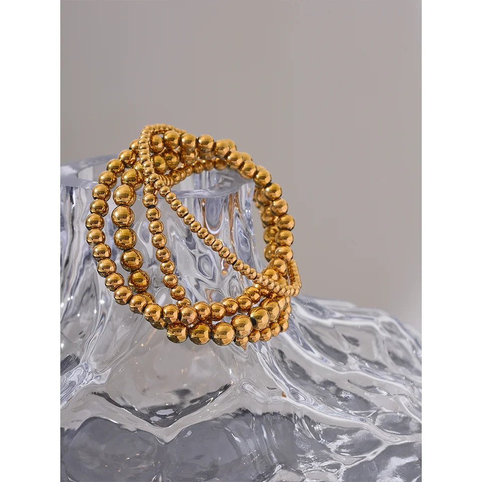 Yhpup 3456 MM Stainless Steel Beads Daily Handmade Elastic Bracelet Bangle Waterproof Wrist Wholesale Gold Color Jewelry Men 250606