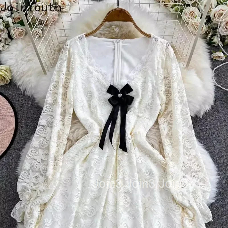 Sweet Woman Dress Slim Waist Slim Fit Korean Robe Femme Patchwork Lace V-neck A-line Temperament Dresses 2025 Vestidos De Mujer