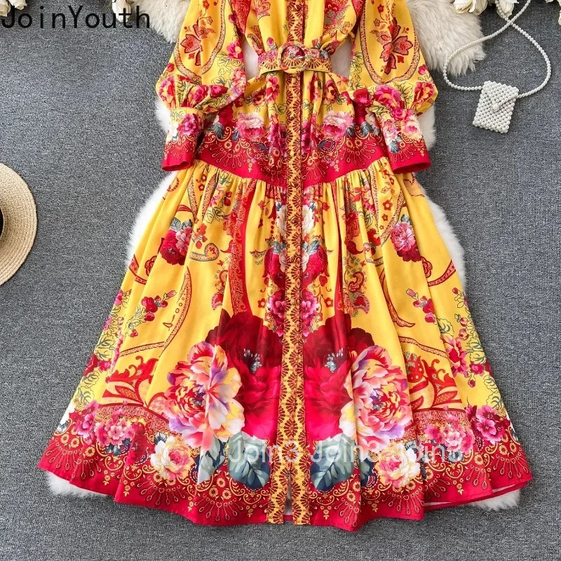 Korean Woman Dress Floral Lantern Sleeve High Waist Robe Femme 2025 Vestidos De Mujer Belt Big Swing Summer Vintage Maxi Dresses