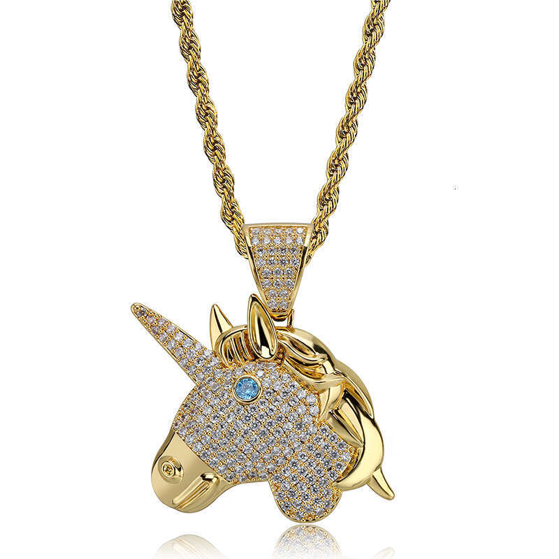 Hip Hop Unicorn Cartoon Head Micro Paved Zircon Men and Women Trendy Ins Accessories