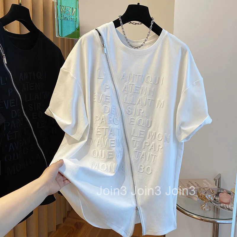 Streetwear Y2k Tops Summer T Shirts Women Clothing Short Sleeve O-neck Letter Tees Patchwork Zipper Embroidery Casual T-shirt