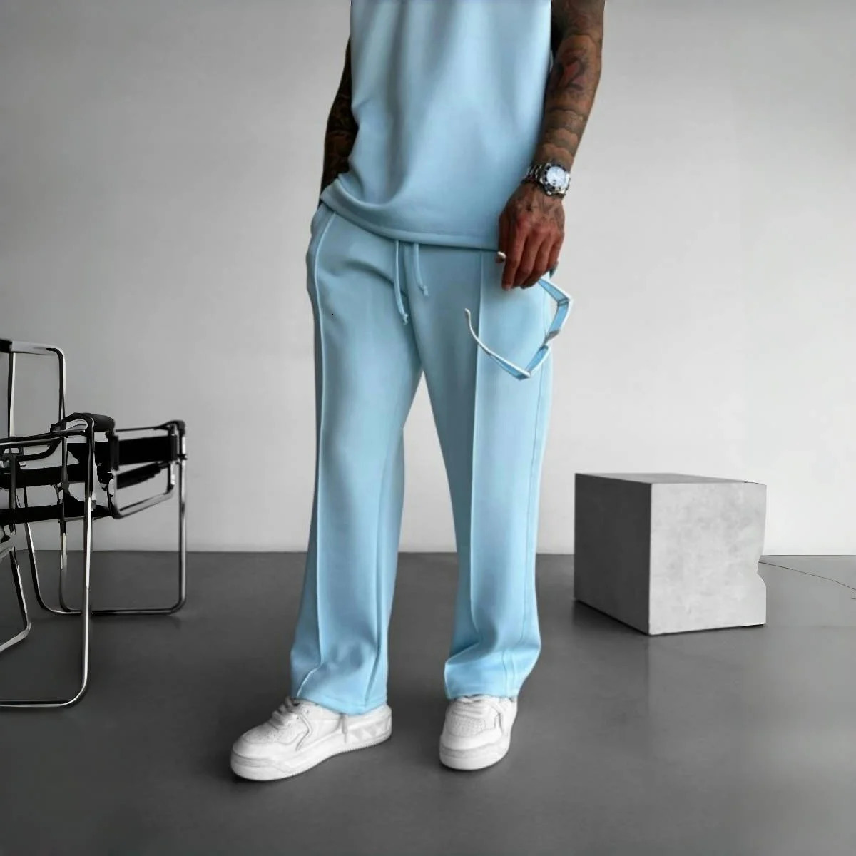 mens casual pants stylish and comfortable elastic waist drawstring single-line pleated solid color pocket mops pants 250619