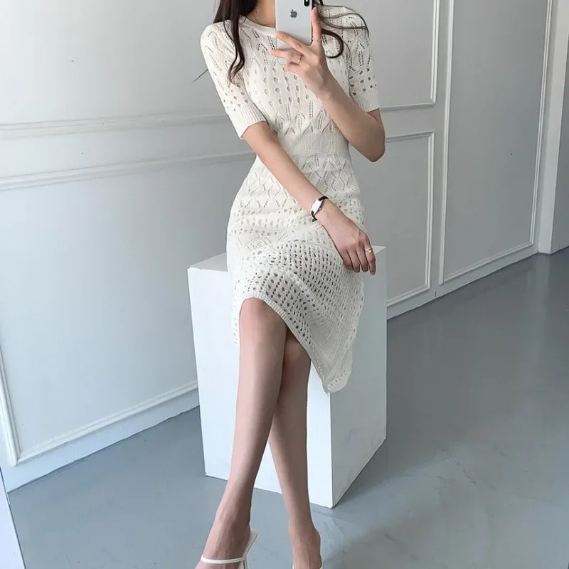 Summer White Short Sleeve Hollow Out Knitted Dress Ice Silk Waist Cinching Slimming Fashionable A-Line Skirt Womens Style 250617
