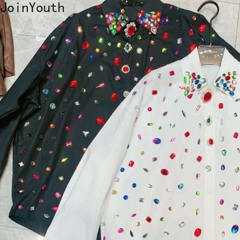 Harajuku Women Tops Fashion Heavy Diamond White Blouses 2025 Camisas De Mujer Long Sleeve Korean Shirt Streetwear Y2k Blouse