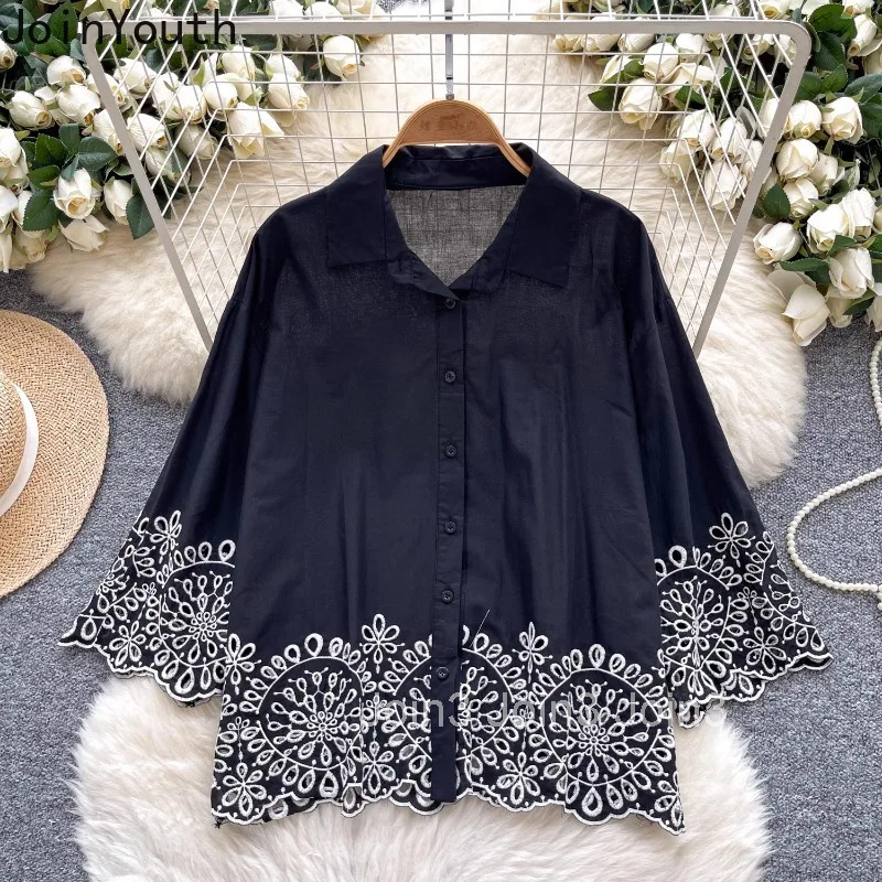 2025 Blusas Mujer De Moda Vintage Blouses Women Clothing Hollow Out Embroidery Flare Sleeve Shirt Loose White Summer Blouse Tops