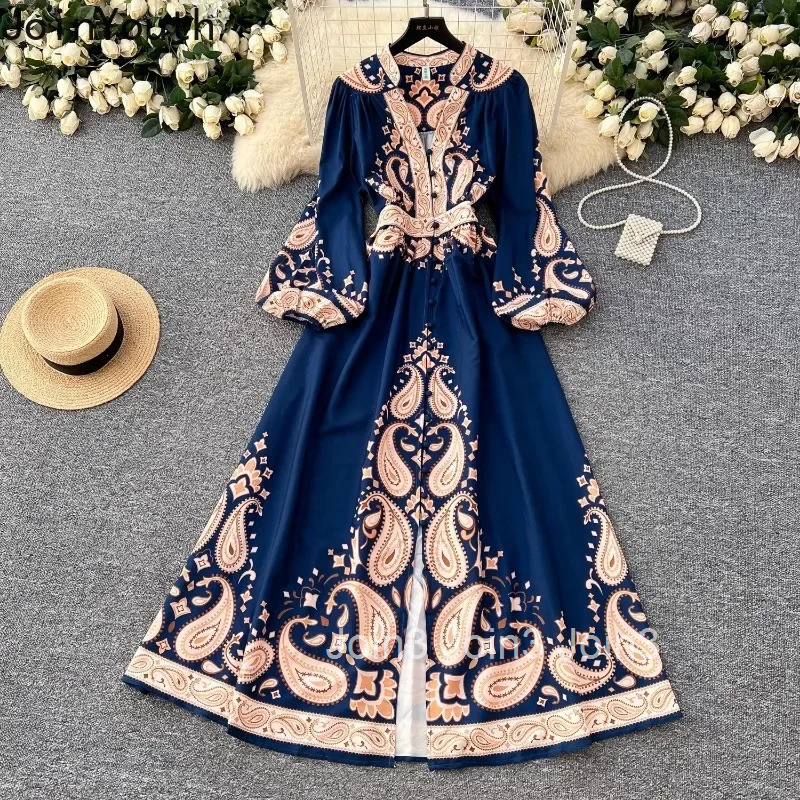 Vestidos De Mujer Vinatge Dresses Women V-neck Lantern Sleeve Slim Waist Robe Femme Single Breasted Elegant Floral Maxi Dress
