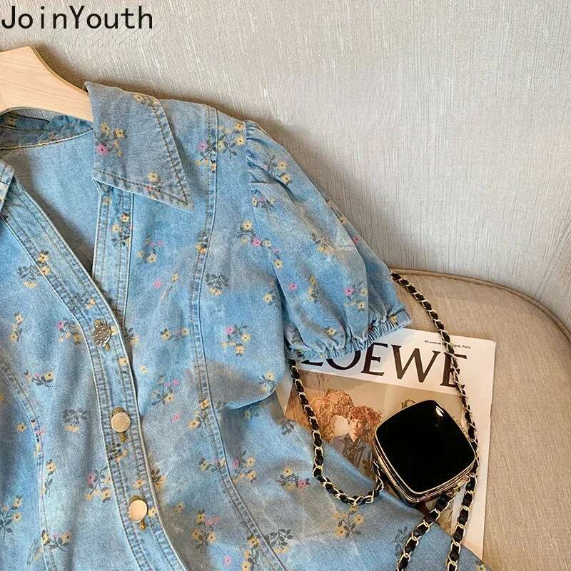 Floral Denim Dress Women Vintage Slim Fit Puff Sleeve Sweet Robe Femme 2025 Vestidos De Mujer V-neck Casual Chic Summer Dresses