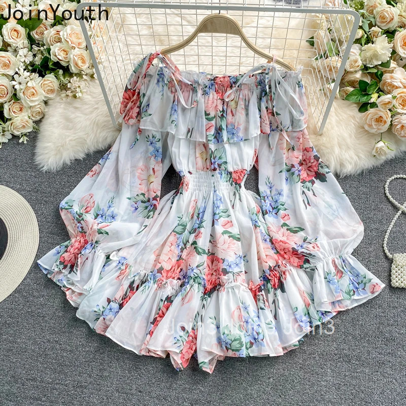 Women Jumpsuit Floral Summer Rompers Slash Neck Bandage Ruffles Wide Leg Pants Playsuit Fashion Off Shoulder Chiffon Jump Suit