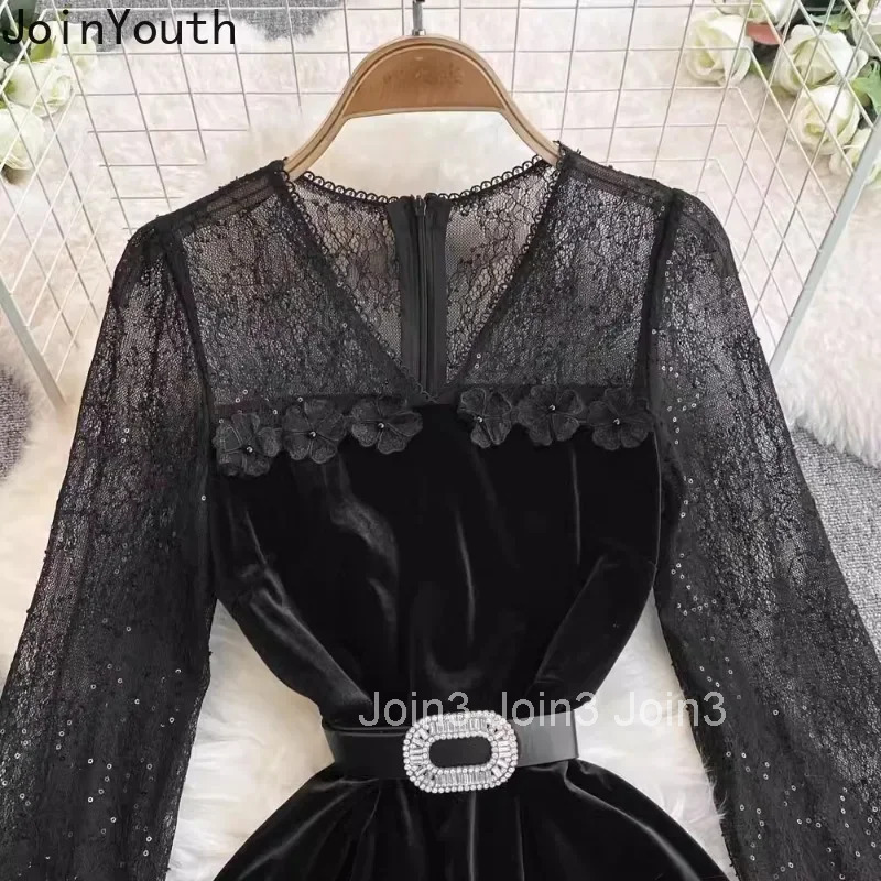 Vintage Dresses Autumn Women Clothing Patchwork Gauze Velvet Robe Femme 2025 Vestidos De Mujer V-neck Black Temperament Dress
