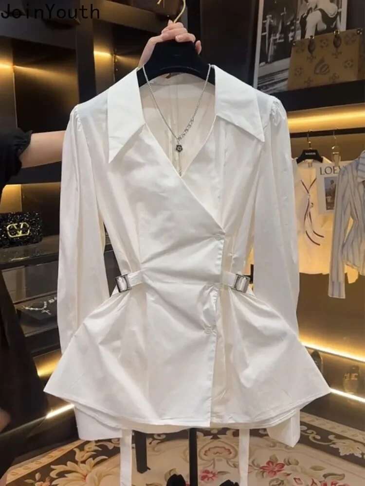 2025 Camisas De Mujer V-neck Slim Waist Shirts Women Clothing Long Sleeve Tunic Blouse Chic Bandage Tops Fchic Korean Blouses