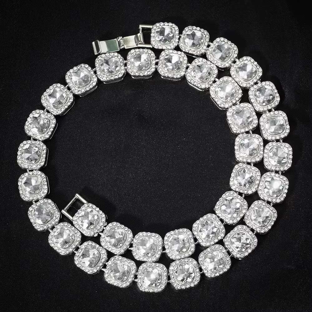Mens Hip Hop Cuban Chain Set Fashionable Gold Silver Square Diamond Tennis Necklace Link Chain Made of Zinc Alloy