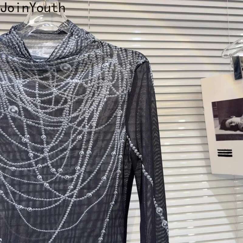 Sexy Tshirts Womens Clothing Turtleneck Long Sleeve Tunic Tees Chic Pearl Print Camisetas Y2k Tops See Through Gauze T-shirt