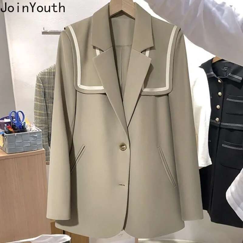 Korean Blazer Women Chic Sailor Collar Long Sleeve Temperament Jackets 2025 Ropa Mujer Fashion Tunic Casual Vintage Coat Tops