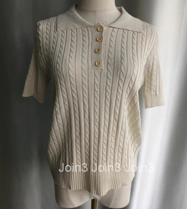 Knitted Woman Tshirts 2025 Ropa Mujer Turndown Collar Short Sleeve White Tees Fashion Ribbed Casual T Shirt Tunic Korean Tops