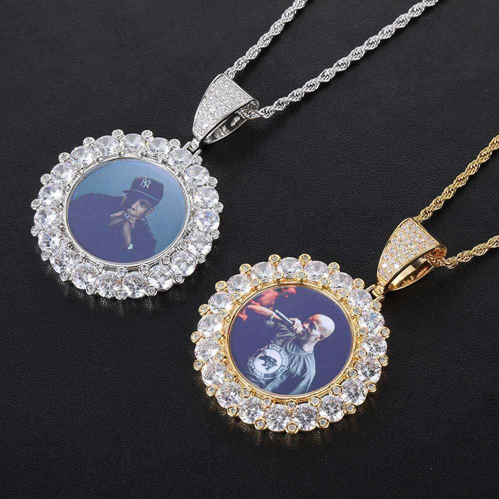 Large Dia Round Photo Micro Paved Zircon Creative DIY Pendant Frame Necklace Hip Hop Accessories feb7