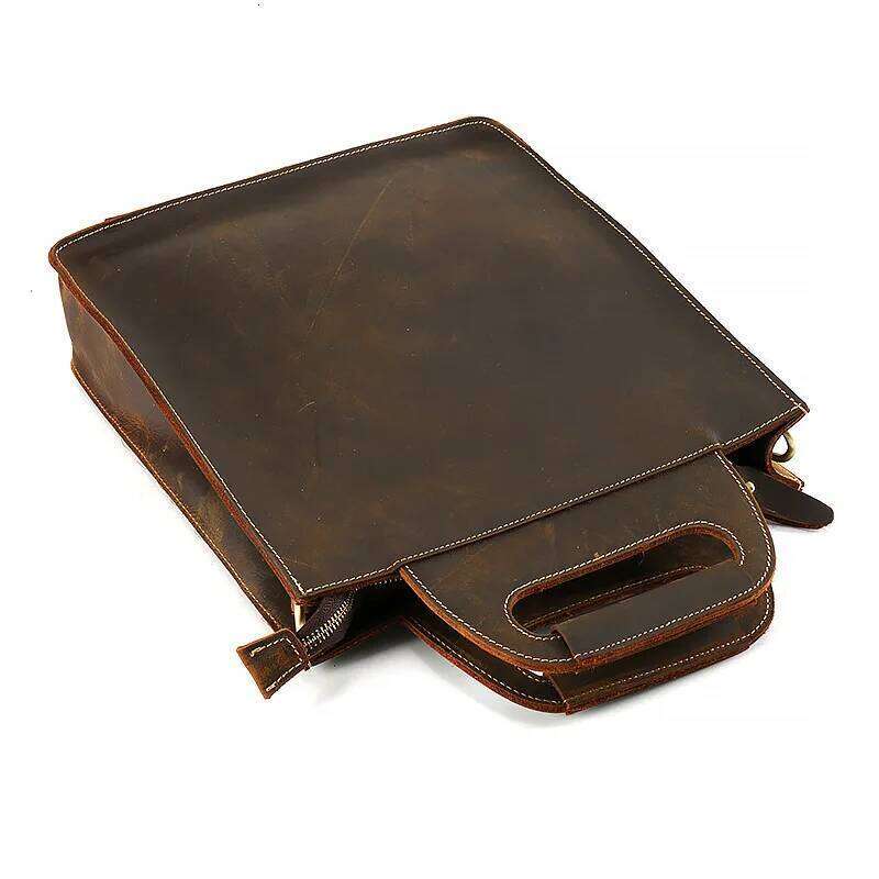 New Men's Handbag Genuine Men Shoulder Crossbody Bag 13" Laptop Bags Vertical Square Retro Handmade First Layer Leather