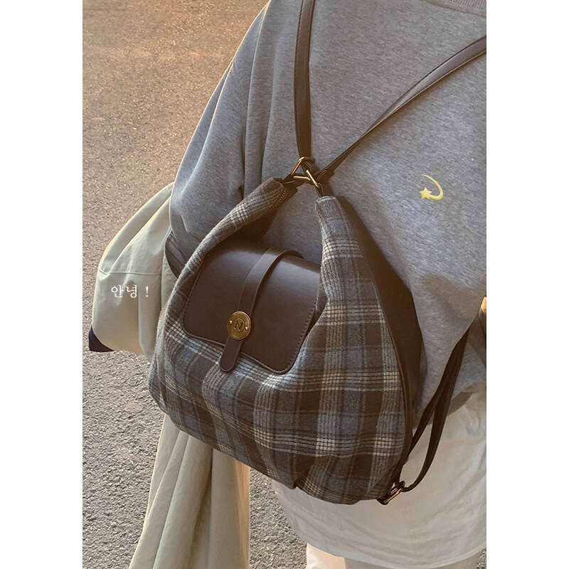 designer bag Korean Wind Casual Wool Plaid Backpack for Women Autumn 2024 New College Style Single Shoulder Tote Bag