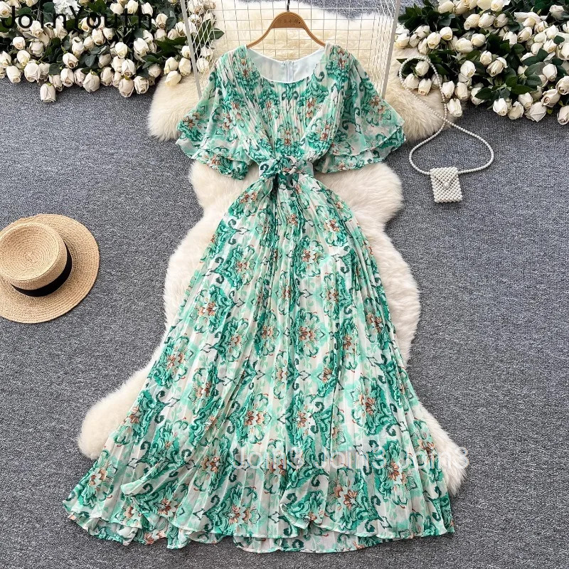 Floral Sweet Maxi Dress O-neck Flare Sleeve Slim Waist Robe Femme Vintage Chiffon Summer Pleated Dresses 2025 Vestidos De Mujer