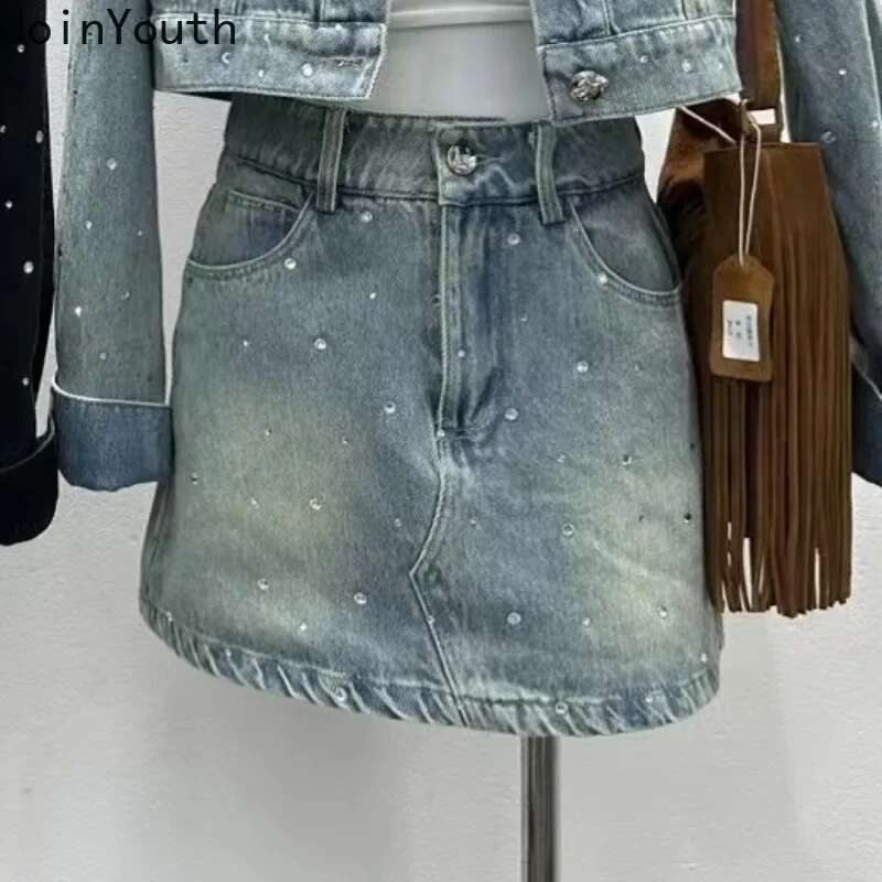 Korean Two Piece Sets Womens Outfits Temperament Crop Coat High Waist Bodycon Mini Skirt Suit Roupas Femme Diamond Denim Set