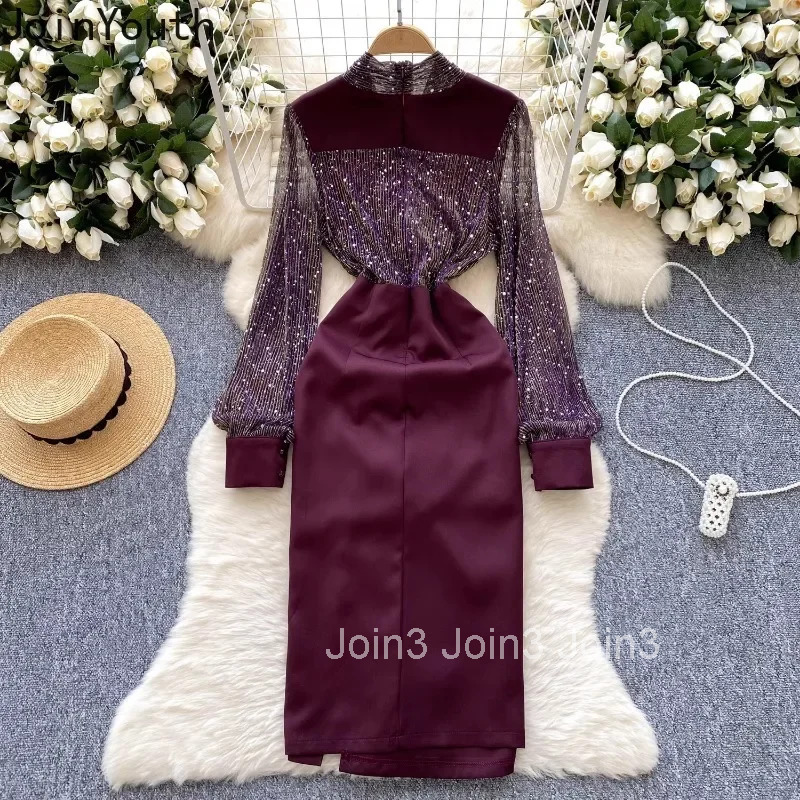 Chic Party Dress for Women 2025 Vestidos De Mujer Temperament Robe Femme Patchwork Gauze Sequin Ruffles Bodycon Split Dresses