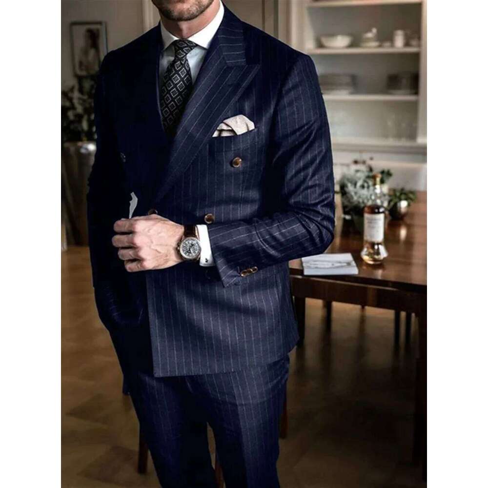 2 Piece Chic Pinstripe Navy Blue Men Suits Set High Quality Formal Double Breasted Peak Lapel Suit Slim Fit Smart Casual Tuxedo