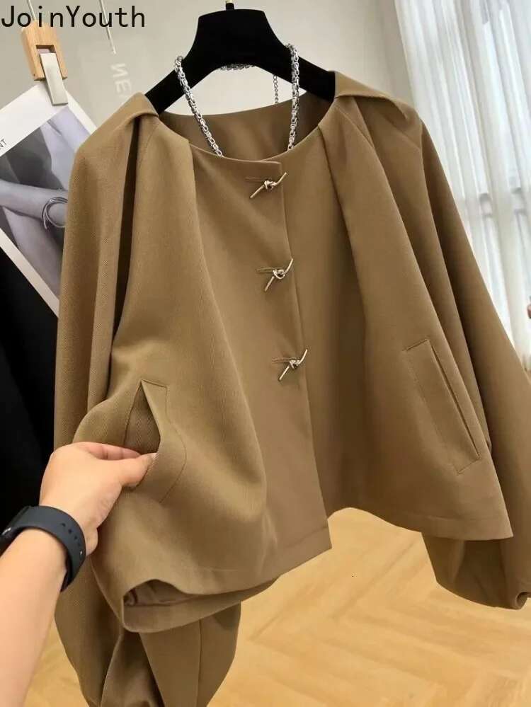 Lantern Sleeve Jackets for Women Loose O-neck Temperament Outwear Crop Tops 2025 Ropa Mujer Fashion Vintage Solid Color Coat