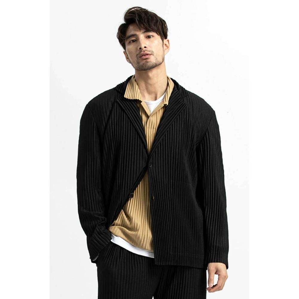 Miyake Pleated Blazer Black Suits For Men High Quality Casual Japanese Style Blazers Stretch Fabric Slim Fit Coat