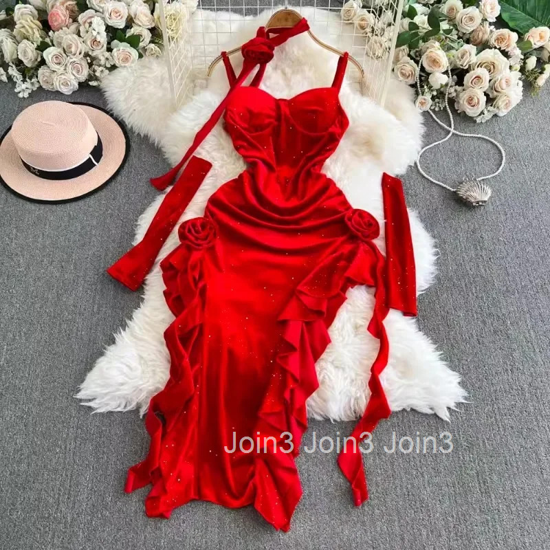 Party Woman Dress Vintage Red Temperament Sexy Robe Femme Slim Waist Split Irregular Bodycon Mini Dresses 2025 Vestidos De Mujer