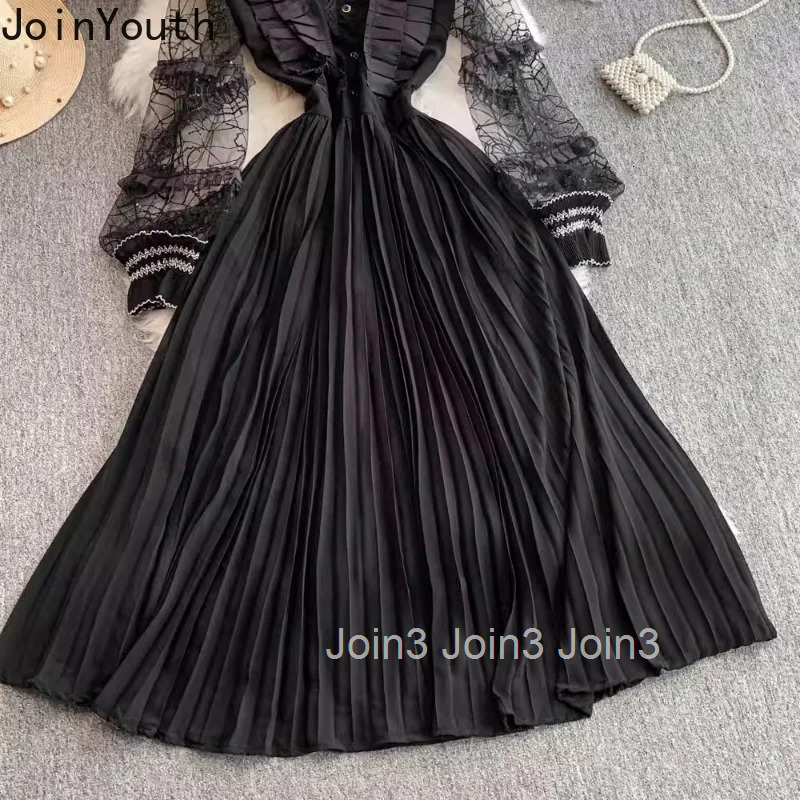 Maxi Dress Womens Clothing Long Sleeve O-neck Ruffles A-line Robe Femme 2025 Vestidos De Mujer Lace Long Sleeve Pleated Dresses