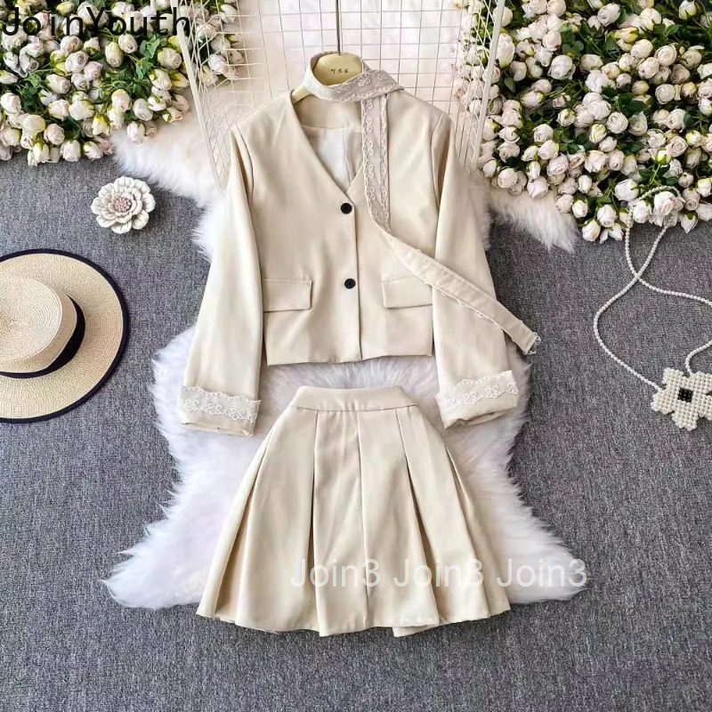 Temperament Two Piece Sets 2025 Womens Clothing V-neck Patchwork Lace Jackets High Waist A-line Pleated Mini Outfits Chic Suit