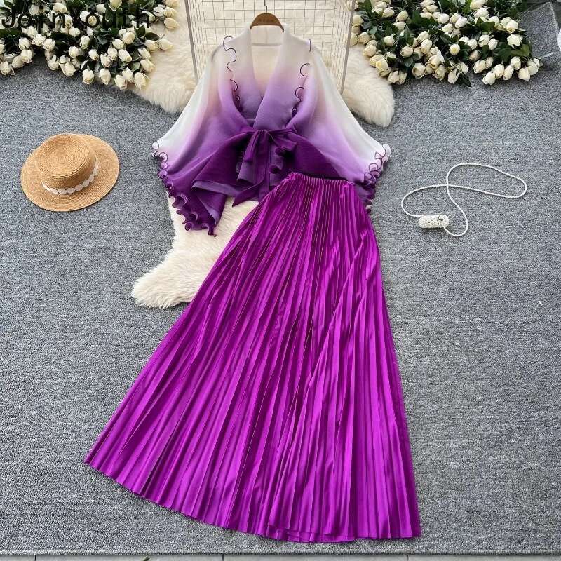 Skirt Suit Two Piece Sets Womens Outfits Roupas Femme Bandage Gradient Ruffles Tops High Waist Pleated Long Skirts Elegant Set