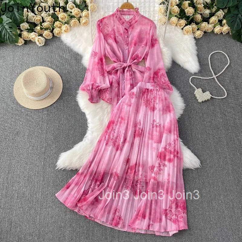 Women Clothing Skirt Suit Summer Floral Print 2 Piece Set Stand Neck Lantern Sleeve Bandage Shirt A-line Pleated Skirts Outfits
