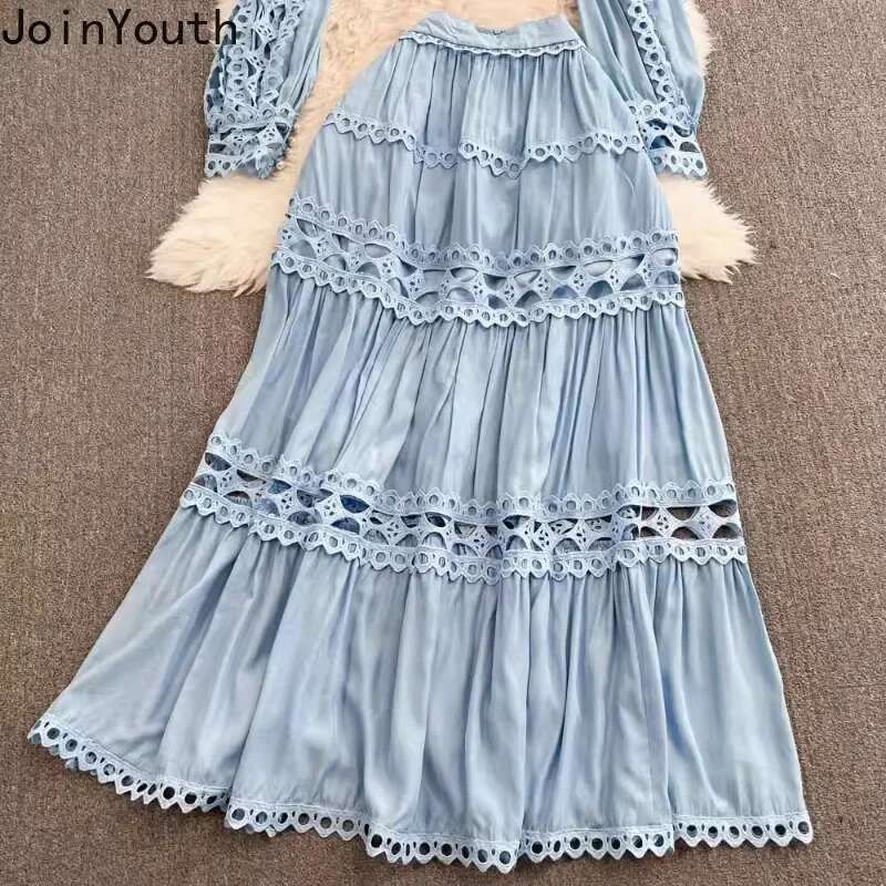 Fashion 2 Pieces Sets Women Clothing Stand Neck Lantern Sleeve Crop Shirts High Waist Skirt Outfits Hollow Out Lace Vintage Set