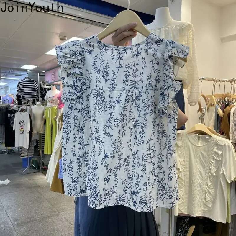 Summer Blouse Women 2025 Blusas Mujer De Moda O-neck Sleeveless Vintage Shirts Loose Floral Blouses Flying Sleeve Ruffles Tops