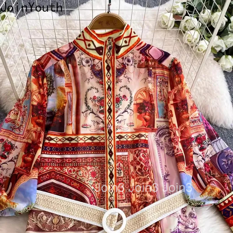Vintage Woman Dress Print Stand Neck Lantern Sleeve Robe Femme Sashes Slim Waist Single Breasted Maxi Dresses 2025 Vestido Femme