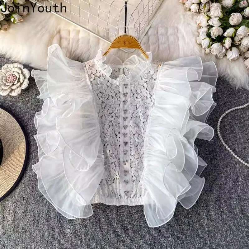 Camisas De Mujer Summer Blouses 2025 Womens Clothing Stand Neck Patchwork Lace Ruffles Shirts Temperament Korean Blouse Tops