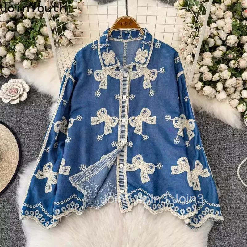 2025 Blusas Mujer De Moda Vintage Blouse Womens Clothes Heavy Butterfly Embroidery Shirts Long Sleeve Loose Summer Blouses Tops