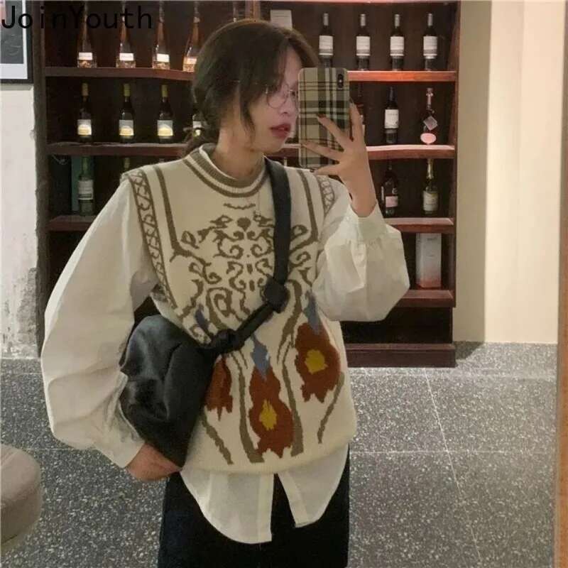 Vintage Sweater Vest Women O-neck Sleeve Vintage Knitted Tanks 2025 Ropa Mujer Crop Tops Casual Jumper Korean Fashion Waistcoat